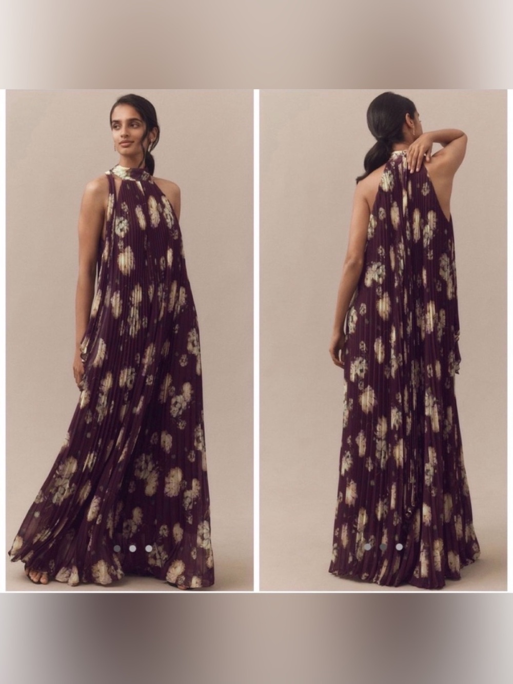 Anthropologie BHLDN Rosie Mock Neck Pleated Chiffon Floral Maxi Dress Sz‎ L